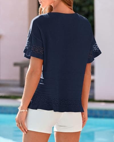 KIRUNDO Short Sleeve Sweater for Women 2026 Spring Summer Tops Crochet Round Neck Ruffled Hem Knit Pullover Casual Blouse(Navy Blue, XX-Large) - Thumbnail 2