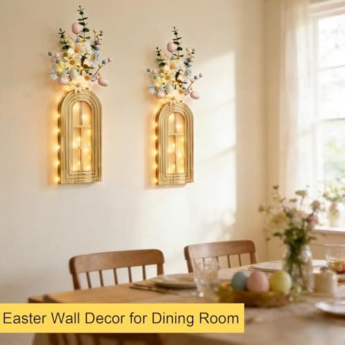 HOMECOR Easter Wall Decor Set of 2 - Boho & Modern Farmhouse Hanging Wooden Vase with Fairy Lights & Artificial Plants, Spring Wall Art for Living Room, Bedroom, Bathroom, Easter Home Decor Gift - Thumbnail 6
