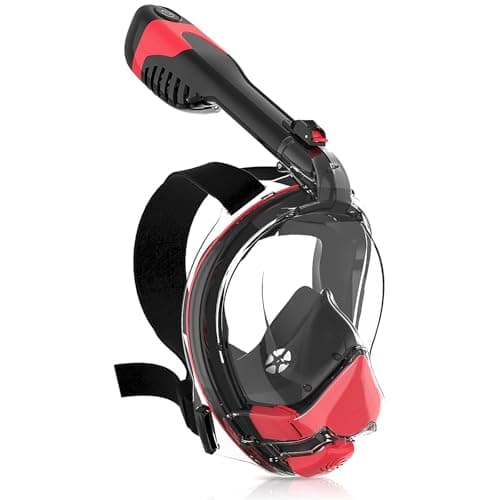 Yosmer Electric Full Face Snorkel Mask for Adults, Fan-Assisted Snorkeling Mask with Dry Top System, 180° Panoramic View, Anti-Fog Design, Foldable Travel Snorkel Gear, Red-L