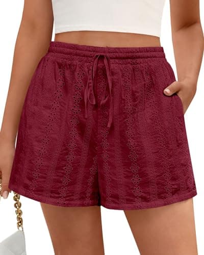 KIRUNDO Lace Shorts for Women Summer Cute Boho Eyelet Elastic Waist Drawstring Casual Lounge Shorts Beach Vacation Outfits(Burgundy, XX-Large) - Image 1