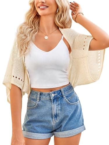 BB&KK Womens Crochet Shrug Summer Cardigan Lightweight Batwing Sleeve Open Front Hollow-Out Cropped Knit Bolero Sweaters Ivory L - Image 1