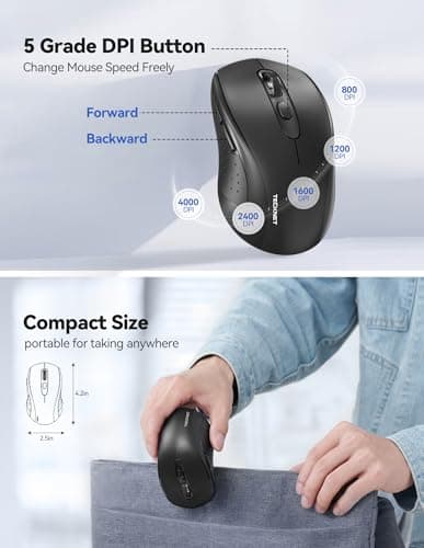 TECKNET Wireless Mouse for Laptop, 2.4G Ergonomic Optical Mouse Silent Bluetooth Mouse(BT5.0) 4000DPI Adjust, Computer Portable PC Quiet Mice with USB-A Receiver & 6 Buttons for Mac, 18 Months Battery - Thumbnail 3