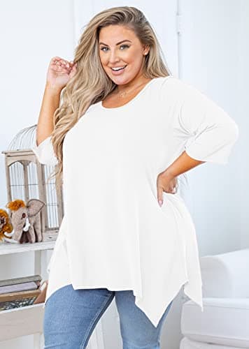 AusLook Plus Size Tunic Tops for Women 3/4 Sleeve White 3X Blouses Crewneck Clothes Flowy Clothing Loose Fit Babydoll Summer Fall Winter Maternity Shirts Wear with Leggings - Thumbnail 2