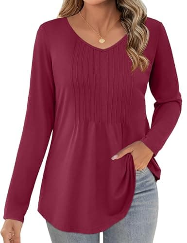 JUSTFASHIONNOW Shirts for Women Trendy Long Sleeve Tops V Neck Ladies Dressy Blouses Pleated Maternity Shirt Tunics Early Fall Fashion (Wine Red, Medium) - Thumbnail 3