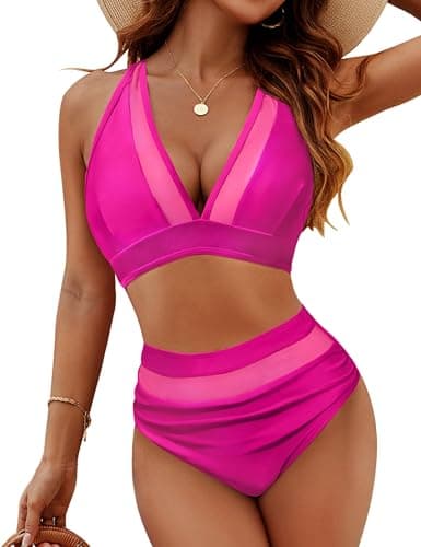ZAFUL Neon Mesh Bikini Two Piece High Waisted Halter Deep V Back Tie Sheer Insets Backless Tummy Control Swimwear Hot Pink XS - Image 1