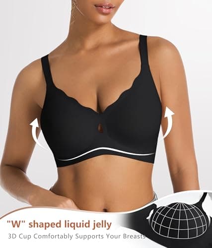 POSESHE Women Push Up Wireless Seamless Wave Support Comfortable Soft Everyday Bra Full Coverage V Neck Basic Bralettes Black - Thumbnail 3