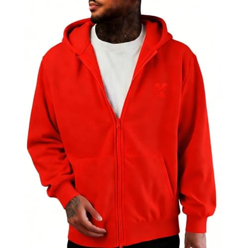 REXUHOWU Men's Full-zip Hoodie made of cotton and polyester fashionable Hooded Sweatshirt (US, Alpha, Small, Regular, Regular, Red) - Image 1