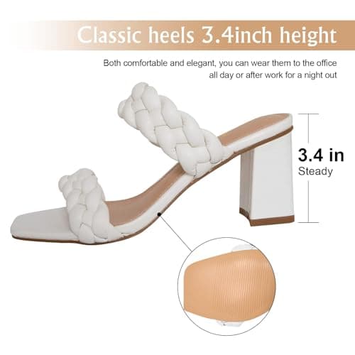 Athlefit White Braided Heeled Sandals for Women Fashion Square Open Toe Comfortable Slip on Block Heels Size 5.5 - Thumbnail 4