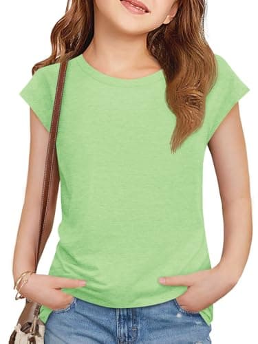 Imily Bela Girls Short Cap Sleeve T Shirts Kids Crew Neck Casual Loose Summer Tops 5-33 Years Fluorescent Green - Image 1