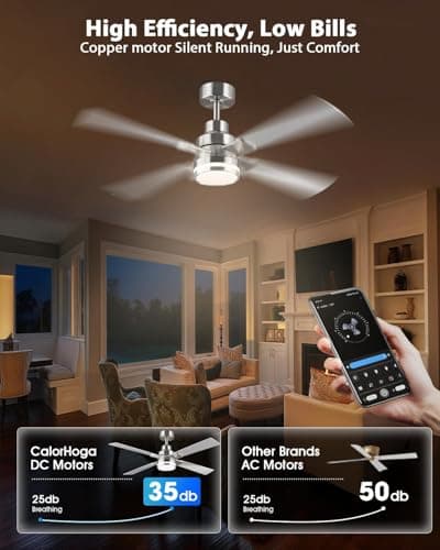 CalorHoga 52 Inch Ceiling Fans with Lights and Remote/APP, Brushed Nickel Ceiling Fan Modern, ETL Listed, 3CCT Dimmable, Timer, 6-Speeds, Quiet Reversible DC, Smart Silver Fan for Bedroom Living Room - Thumbnail 3