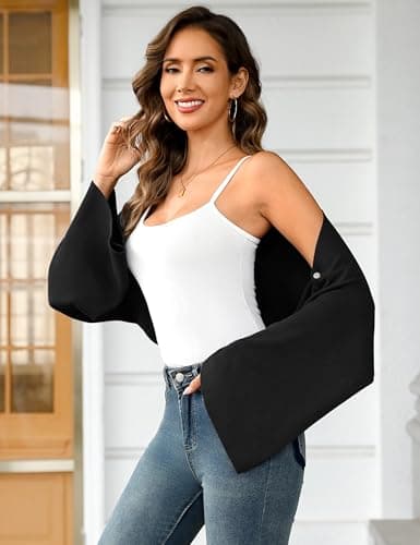 Totatuit Womens Cropped Cardigan Shrug 2-in-1 Convertible Bolero with Button Sleeves 80% Cotton Y2K Knit Wrap Shawl Black - Thumbnail 2