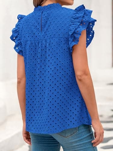 BTFBM Casual Summer Tops for Women 2025 Short Ruffle Sleeves Shirts Crew Neck Hollow Out Lace Embroidered Blouses(Blue,X-Small) - Thumbnail 3