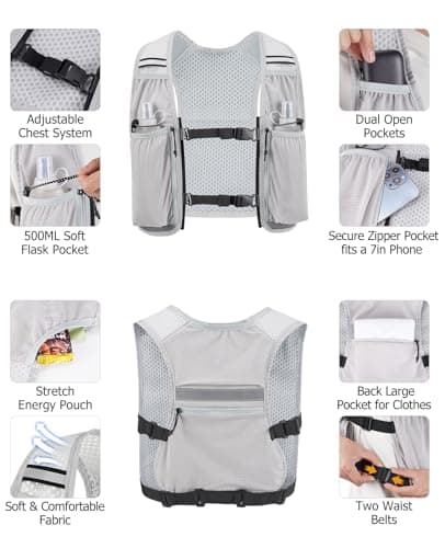 NOOLA Running Vest for Women Men, Lightweight Hydration Vest with Dual 500ML Soft Flasks, Water Backpack Hydration Pack, Adjustable Running Tail Chest Bag for Hiking Race Marathon Cycling (Grey) - Thumbnail 4