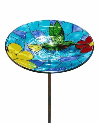 OUISJYER Glass Bird Bath for Outside, 10.6" Handcrafted Birdbath Bowl with 4-Prong Stake, 26" H Colorful Outdoor Bath or Feeder for Hummingbirds & Small Birds, Garden Yard Lawn Decor, Blue