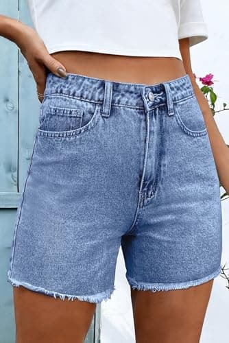 Pink Queen High Waisted Denim Shorts for Women 2026 Casual Star/Bow Frayed Hem Summer Hot Short Jeans with Pockets Light Blue XL - Thumbnail 2