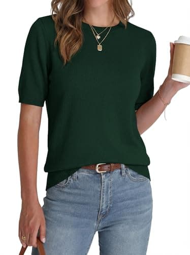 BTFBM Short Sleeve Sweater for Women Spring Tops Crew Neck Lightweight Pullover Loose Dressy Casual Blouse Basic Clothes(Dark Green, X-Large) - Image 1