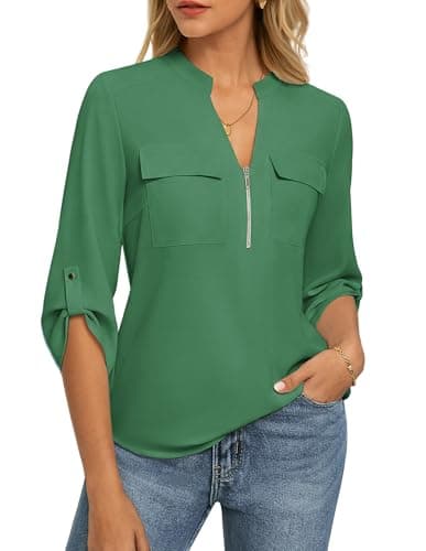 Womens Business Casual Tops,3/4 Sleeve Henley Shirts with Zip Up,Office Work Blouses Lightweight Summer Green L - Image 1