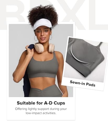 BRXL Padded Sports Bra Push Up Sports Bra Adjustable Spaghetti Strap Light Impact Cross Back Yoga Workout Buttery Soft Grey - Thumbnail 2