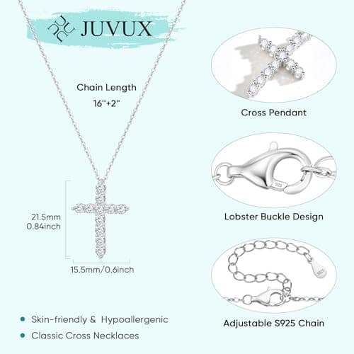 Juvux Cross Necklaces for Women 925 Sterling Silver 18K Gold Plated Cubic Zirconia Cross Pendant Necklace Simple Jesus Cross Necklace Cute Simulated Diamond Jewelry Minimalist Easter Gift (Silver) - Thumbnail 3