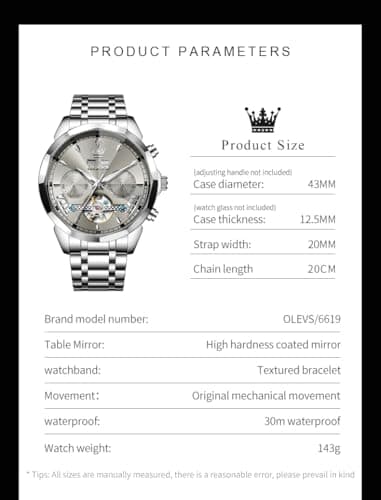 OLEVS Watches for Men Luxury Automatic Self Winding Mechanica Silver Stainless Steel Dress Wrist Mens Watches Grey Face Tourbillon Waterproof Luminous Analog Watch - Thumbnail 4