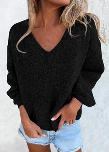 KIRUNDO Sweaters for Women Fall 2026 Oversized V Neck Cozy Cute Casual Long Sleeve Knit Pullover Trendy Winter Clothing(Black, Small) - Thumbnail 3