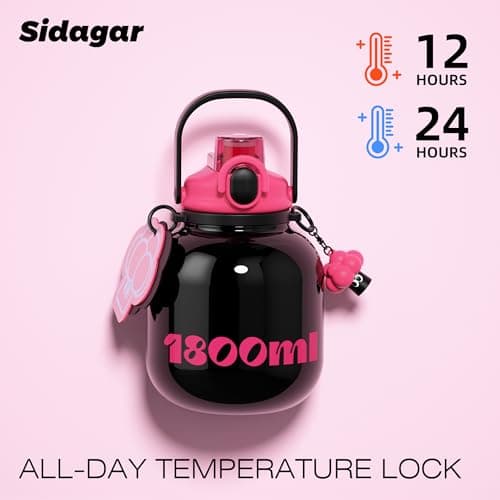 Sidagar 60 oz Big Gallon Water Bottle with Straw and Carry Handle, Black Wide Mouth Vacuum Water Jug, Insulated Stainless Steel Bottles; Heavy-Duty Aesthetic Yoga Flask for Women, Sweet & Cool Black - Thumbnail 5