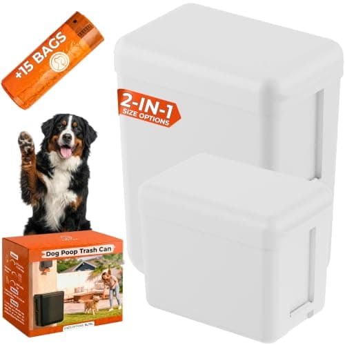 PEXTER Outdoor Dog Poop Trash Can Outside - Wall Mounted Dog Waste Bin & Garbage Can, 2-in-1 Converts 13L to 8L (3.5/2.1 Gal), Pet Waste Container for Dogs - Includes 15 Heavy Duty Bags (White) - Image 1