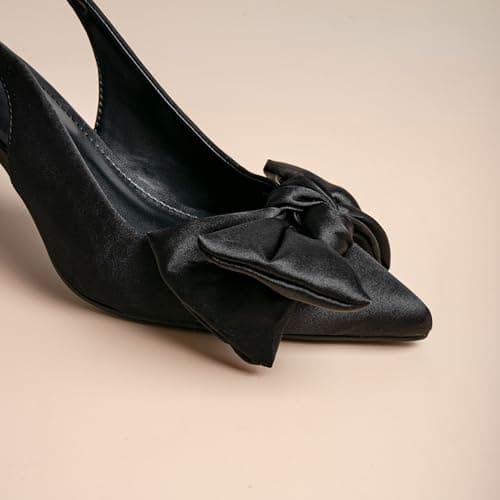 RUSAUISE Black Heels with Bow Pumps Satin Kitten Heels Sexy Slingback Heels Dress Shoes Comfortable Closed Pointed Toe High Heel Elegant Silk Size 8.5 - Thumbnail 3