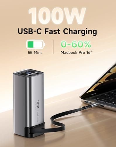 REWONDER 100W Fast Charging Power Bank 20000mAh with Built-in Retractable USB-C Cable, Portable Charger for MacBook Laptop, iPhone 17/16 Series, Samsung, TSA Approved for Air Travel - Thumbnail 2