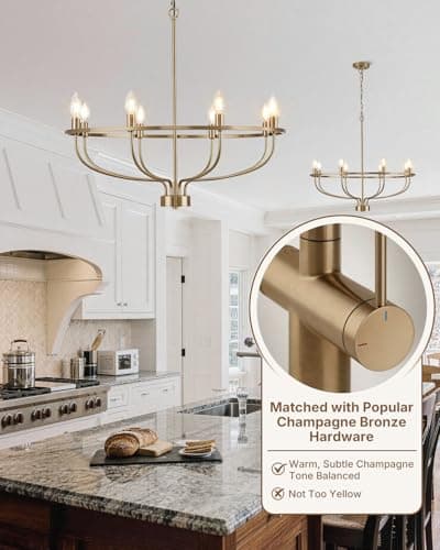 Yunnix 8 Light Champagne Bronze Chandelier for Dining Room, 30" Wagon Wheel Light Fixture, UL Listed Entire Fixture, Champagne Gold Modern Farmhouse Chandelier for Master Bedroom, Kitchen, Entryway - Thumbnail 3