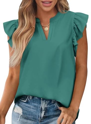 Zenlonr Womens Summer Tops 2026 Casual V Neck Ruffle Cap Sleeve Blouse Shirts Solid Color Tunic Tops(Blue Green,Medium) - Image 1