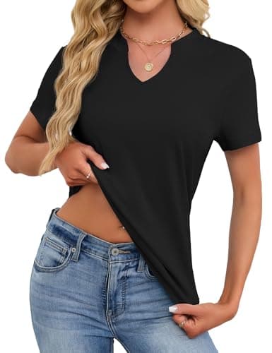 Women's V Neck Cotton T-Shirts Breathable Short Sleeve Tops Lightweight Stretch Summer Tees (Black,Small) - Thumbnail 4