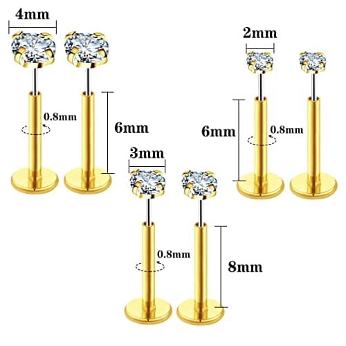 COTATI 20G Flat Back Earrings Stud Threadless Tragus Cartilage Lip Medusa Piercing Jewelry Hypoallergenic (Gold,20G 2/3/4mm CZ) - Thumbnail 4