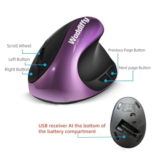Woddlffy Ergonomic Mouse Wireless,Vertical Mouse with Silent Click Right Handed Small Mouses with 6 Buttons 1000/1200/1600 for Laptop,Desktop,PC, MacBook（Purple AA） - Thumbnail 5