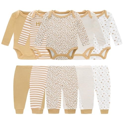 MEYSAHO Baby Newborn Layette 10-Piece Set Cotton Bodysuits Long Sleeves Pants Sets Baby Boys Girls Toddler Unisex Baby Gift Sets Stars for 0 3 Months - Thumbnail 2