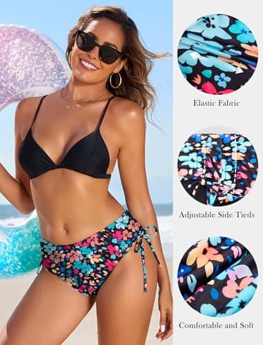 Bathing Suit Bottoms for Women Low Waisted Bikini Bottom Full Coverage Side Tied Cheeky Sexy Swimsuit Briefs Florals Large - Thumbnail 5