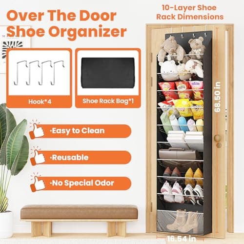 ZATOCL 10-Tier Over The Door Organizer, Space Saving Hanging Shoes Organizer and Storage Unit, Organizer for Closet, Bedroom, Entryway, Black - Thumbnail 2