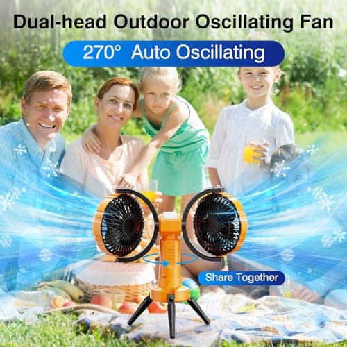 Nauttxon Outdoor Camping Fan With Light - Oscillating 10000mAh Battery Powered Fan For Camping With Hanging Hook For Beach Travel Picnic Fishing Outdoor -Yellow - Thumbnail 2