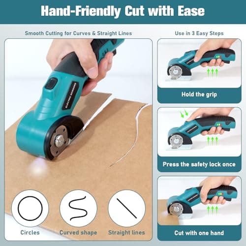 Qidejoy Cordless Cardboard Cutter Electric Scissors, Heavy Duty High-speed Rotary Box Cutter Tools for Fabric, Carpet, Paper, with 2 Blades & Gloves, 4.2V Rechargeable Battery, LED Light, Blue - Thumbnail 5