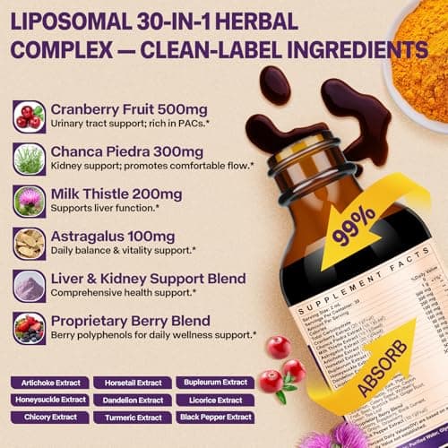 30-in-1 Kidney and Liver Cleanse Detox & Repair Drops with Cranberry Extract, Milk Thistle & Chanca Piedra, Vegan Kidney Support Supplement for Urinary Tract & Liver Support | Blueberry Flavor, 1P - Thumbnail 3