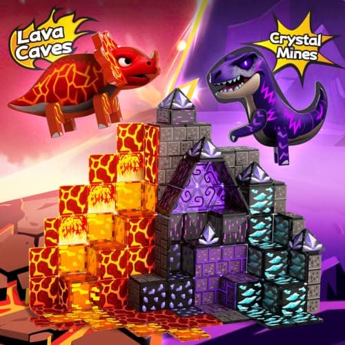 GobiDex Dinosaur Toys Magnetic Tiles Lava Cave Dinosaur World Set - Magnetic Building Blocks for Kids 3-5 5-7 Girls Boys Toys Age 4-6 6-8, STEM Sensory Toddler Birthday Gifts for 3+ Year Old Kids Toy - Thumbnail 2