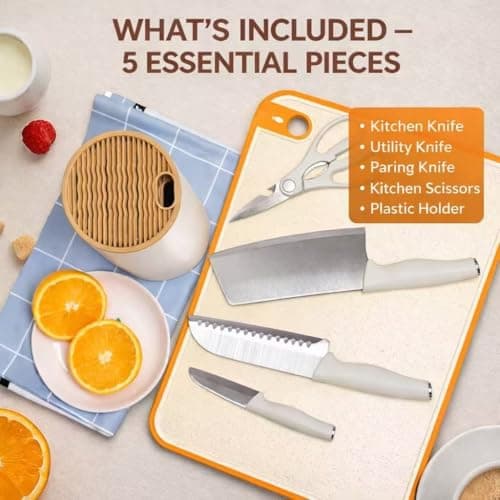5-Piece Knife Block Set, Lightweight Stainless Steel Kitchen Knives Set with Scissor, Removable Drain Block, Home Apartment New Kitchen Essentials (Beige White) - Thumbnail 2