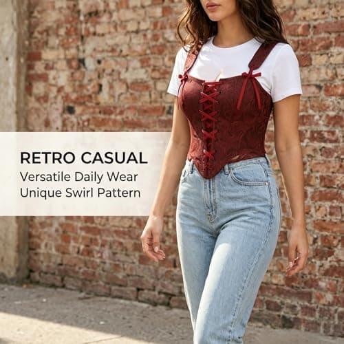 Grodress Renaissance Corset Vest Tops for Women Red Linen Overbust Bustier Bodice Sleeveless Drawstring Crop for Valentine's Day - Thumbnail 3