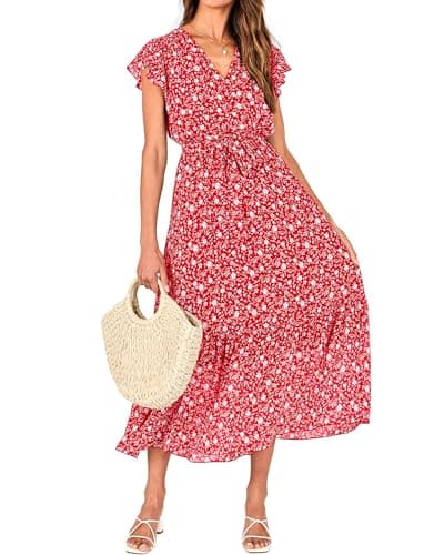 BTFBM Women Summer Bohemian Floral Casual Wrap V Neck Ruffle Cap Sleeveless Belt A-Line Pleated Hem Swing Midi Sun Dress (Floral White Red, Large)