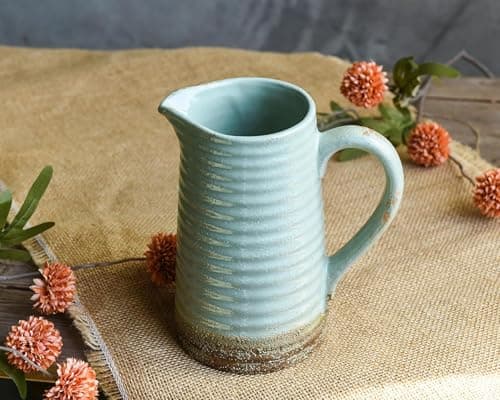 Quoowiit Ceramic Rustic Vase with Handle, Green Distressed Decorative Farmhouse Pitcher Vase for Home Decor Living Room Bedroom Kitchen Office Shelf Decor Centerpiece Table Decoration - Thumbnail 3