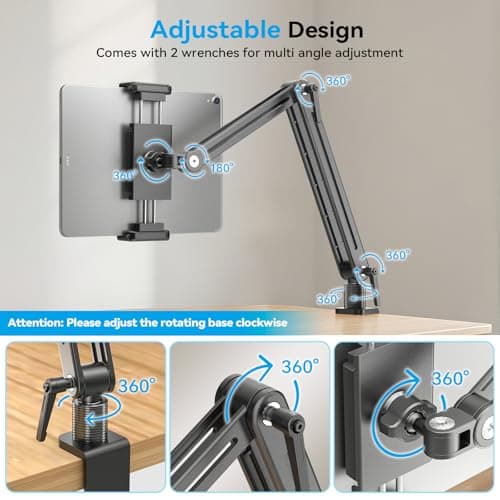 Adjustable Portable Monitor Stand 15.6" - 360° Rotating Base Tall Tablet Desk Arm Holder Stand for iPad Air/Pro/Mini Swivel Flexible Bed Clamp Mount Soporte para Tablet/Monitor Portatil/Ereader - Thumbnail 5