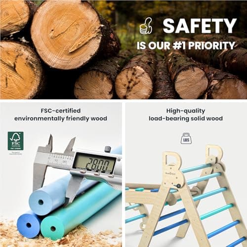 BlueWood Pikler Triangle Set with Cushion, 8-in-1 Foldable Wooden Toddler Climbing Toys Indoor Playground Jungle Gym Montessori Philosophy Climber for 2-6 Years Old, Baby, Kids (Sky Blue) - Thumbnail 5