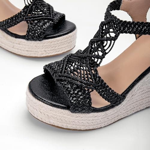 Women's Platform Wedges Sandals Jute Espadrilles for Women Ankle Buckles Dressy Comfortable Beach Wear Wedge Heels Bohemian Summer Dress Sandal for Causal Tropical Vacations Weddings sandalias de plataforma para mujer Glitter Black Size 7 - Thumbnail 2
