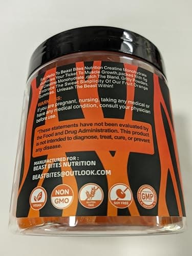 BEAST BITES Nutrition Creatine Monohydrate Gummies for Men & Women - 5g of Creatine Monohydrate per Serving - Sugar Free,Vegan, Orange Flavor, 135 Count (45 Servings). - Thumbnail 2