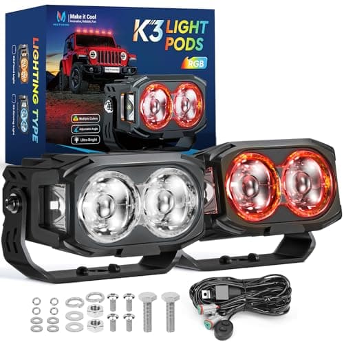 MICTUNING K3 Pods Lights, 4''56W RGB with White Offroad Driving Lights (7 Colors) 270° Wide Flood Wiring Harness Switch for Car, Pair, IP68 Waterproof